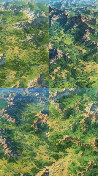 主体内容：9:16比例鸟瞰视角地图，包含连绵的高山、茂密的森林、开阔的草原、平坦的平地和蜿蜒的 风格：动漫手绘风格，色彩明快，线条流畅 细节：丰富的地形层次，清晰的地貌区分，自然的光影效果