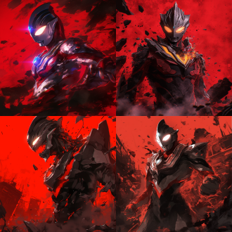 暗黑风格迪迦奥特曼，上半身中景，半张脸露出獠牙，暗红色破碎城市背景，高对比色，阴暗废墟环境，裂地姿态，面部狰狞发光眼，35mm广角镜头，低角度拍摄，动态模糊，深红与黑色调，强烈侧光，烟雾缭绕，压迫感，邪恶气场，超现实风格，接近现实3d风格，肌肉纹理细节，金属质感，裂痕特效，暗黑奇幻，戏剧性光影