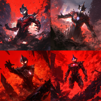 暗黑风格迪迦奥特曼，上半身中景，雾气环绕，獠牙显露，暗红色破碎城市背景，高对比色，阴暗废墟，裂地姿态，狰狞发光眼，35mm广角镜头，低角度拍摄，动态模糊，深红与黑色调，强烈侧光，烟雾缭绕，压迫感，邪恶气场，超现实3d风格，接近现实，细节锐利，暗黑奇幻，恐怖氛围