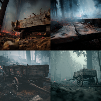 森林火场，烧毁的骡车，残存稻草，木板上的浅红色墨水痕迹，浓烟弥漫，暗色调，广角镜头，低角度拍摄，高对比度，侧光，灰烬飘散，凄凉氛围，焦黑木质纹理，微弱火光，褪色感，悲伤情绪