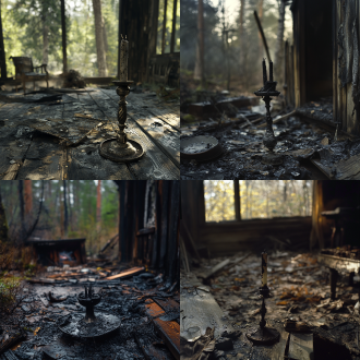 生成树林中小木屋内部地面上打翻的金属烛台，倒在地上，上面没有蜡烛周围木板，家具等严重烧焦