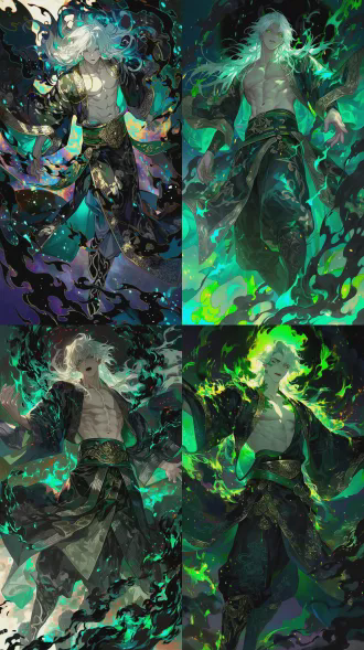 古风玄幻厚涂画风，单人男性少年，男性画面绝对焦点，绝世帅气，白发及腰长发随风飘动，翡翠色竖瞳，黑色巩膜，发光的绿色眼睛，眼尾带戾气，张嘴凶狠吼叫，健硕身材，清晰的胸大肌与腹肌线条，露出肚脐，玄色暗纹古风广袖长袍，完全敞开的衣袍，长袖，深绿色镶金玉腰带，金属腰带扣，黑色束脚长裤，黑色云纹长靴，全身镜头，正面朝向观众，直视镜头，翻涌的黑色幽冥火焰，周身发光特效，高饱和色彩对比，colorful，极致光影，电影级质感，8k 超清，细节拉满