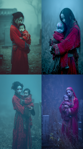 乱坟地，阴森潮湿，雾气弥漫，穿红衣的女人披头散发，脸色苍白，怀抱婴儿，婴儿面色青紫，诡异微笑，中国民间故事风格，水墨画质感，低饱和度冷色调，长焦镜头，幽暗环境，微光照明，静止站立，凄凉悲伤