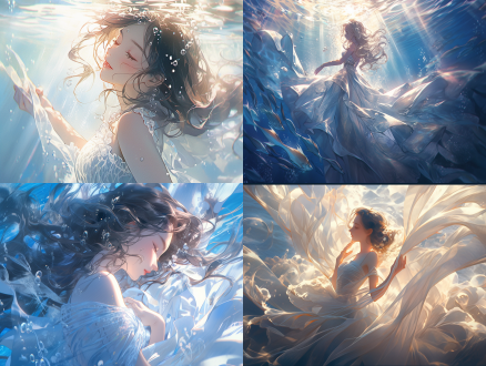 女孩漂浮水中，水面光影交错，长发散开，白色长裙随波流动，宁静表情，仰视视角，柔焦效果，浅蓝色调，自然光，慢快门，水下摄影，梦幻氛围，透明感，轻盈，优雅，漂浮感，清澈水体，逆光，柔和阴影，空灵美感