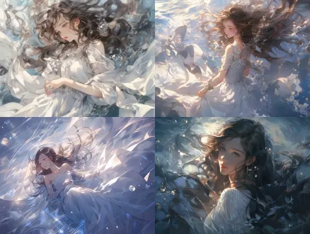 女孩漂浮在水中，水面光影闪烁，长发散开，白色长裙随波流动，宁静表情，仰视视角，柔和模糊效果，浅蓝色调，自然光线，慢速快门，水下摄影，梦幻氛围，透明感，轻盈优雅，漂浮感，清澈水体，逆光，柔和阴影，空灵美感。