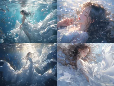 the girl floats in the water, the surface shimmering with light and shadows, her long hair spread out, the white long dress flowing with the waves, a serene expression, an upward view, a soft blur effect, light blue tones, natural light, slow shutter speed, underwater photography, dreamy atmosphere, transparency, lightness, elegance, floating sensation, clear water, backlighting, soft shadows, ethereal beauty.