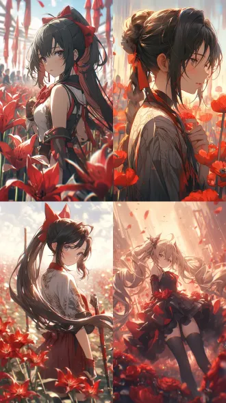 少女绿色长双马尾手举红色指挥棒站在红色花海中，花瓣飞舞，宁静表情，柔和模糊效果，自然光线，慢速快门，梦幻氛围，轻盈优雅，空灵美感，广角镜头，浅景深，逆光，柔和色调，动态模糊，飘逸长发，唯美构图，梦幻光影