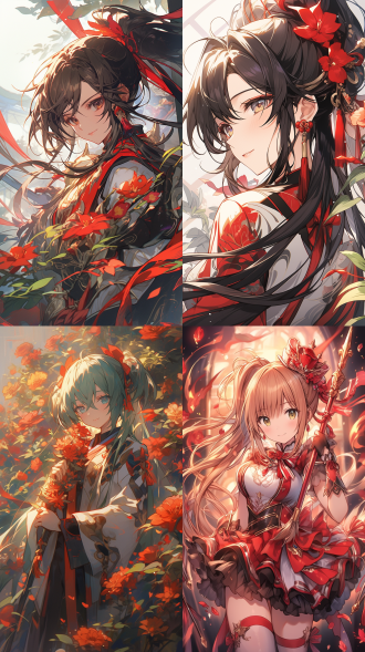 少女绿色长双马尾手举红色指挥棒站在红色花海中，花瓣飞舞，宁静柔和表情，梦幻光影效果，自然光线逆光照射，慢速快门动态模糊，广角镜头浅景深，柔和色调唯美构图，飘逸长发轻盈优雅，空灵美感梦幻氛围，红色与绿色对比，朦胧柔和模糊，花瓣轨迹，优雅指挥动作