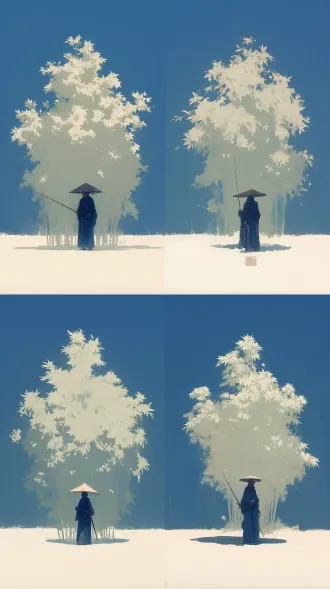 戴传统斗笠的人手持钓竿站在竹林前，水彩画风格，淡雅背景，水墨插画，壁纸，柔和色调，细腻笔触，自然光，静态姿势，宁静氛围，层次感，东方美学，简约构图，传统服饰，飘逸线条，留白艺术，诗意画面