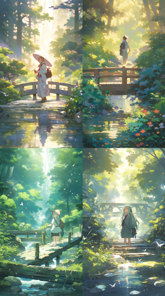 a person with a backpack standing on a stone bridge over a clear stream in a lush forest, with sunlight filtering through the trees, vibrant greenery, and colorful flowers. studio ghibli style, detailed, bright colors, anime art.miyazaki hayao style