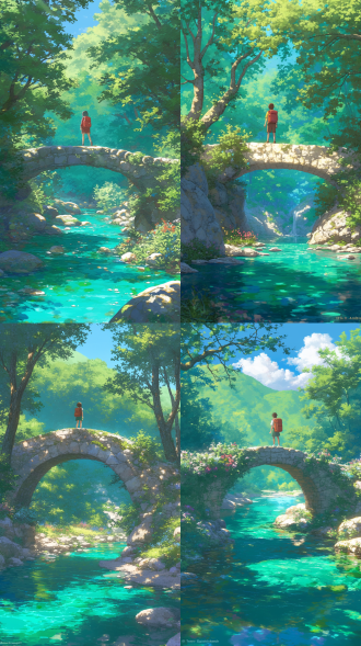 a person with a backpack standing on a stone bridge over a clear stream in a lush forest, with sunlight filtering through the trees, vibrant greenery, and colorful flowers. studio ghibli style, detailed, bright colors, anime art.