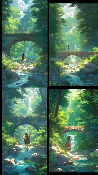 a person with a backpack standing on a stone bridge over a clear stream in a lush forest, with sunlight filtering through the trees, vibrant greenery, and colorful flowers. studio ghibli style, hayao miyazaki's style,detailed, bright colors.