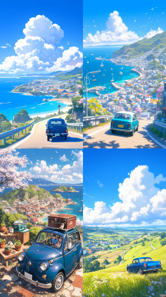 云边小镇远景，吉卜力风格，蓝色复古汽车背对镜头，蜿蜒山路，连绵樱花，背景是蔚蓝海岸边的海滨小镇，白云，远山，散落房屋，晴朗天气，明媚阳光，宫崎骏风格，对角线构图，柔和水彩质感，温暖色调，广角镜头，明亮自然光，宁静氛围，童话感，细腻笔触，清新色彩，梦幻场景，怀旧情绪。