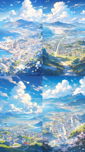 云边小镇远景，吉卜力风格，蓝色复古车背对我们，蜿蜒山路，连绵樱花，海滨小镇背景，碧蓝大海，白云，远山，散落房屋，晴朗天气，明亮阳光，宫崎骏风格，广角镜头，柔光，温暖色调，细腻笔触，童话氛围，宁静祥和，梦幻场景，高饱和度，清新色彩，微风吹拂，樱花飘落，怀旧感觉，低对比度，层次丰富，生机勃勃，自然和谐