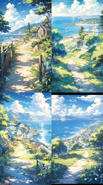 海边小路延伸至小集镇，大树笼罩小屋，树荫下视角，阳光透过树叶斑驳洒落，碧蓝大海与白云，明媚阳光，茂盛植被，吉卜力风格，细腻笔触，明亮色彩，广角镜头，治愈氛围，高对比度，层次丰富，惊艳细节，自然和谐，4k画质。