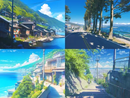 海边小路延伸至小集镇，大树笼罩小屋，树荫下视角，吉卜力风格，细腻笔触，明亮色彩，广角镜头，治愈氛围，高对比度，层次丰富，惊艳细节，自然和谐，4k画质，阳光斑驳洒落，碧蓝大海，白云漂浮，茂盛植被，明媚阳光，温暖安宁，童话感，对称构图，生动光影，超高分辨率。