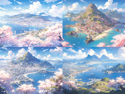 云边小镇蜿蜒山路连绵樱花，海滨背景碧蓝大海白云远山，散落房屋晴朗天气明亮阳光，宫崎骏风格童话氛围，广角镜头柔光温暖色调，细腻笔触高饱和度清新色彩，微风吹拂樱花飘落，怀旧感觉低对比度层次丰富，生机勃勃自然和谐宁静祥和梦幻场景，动画质感柔和阴影，明亮欢快，童话般治愈。