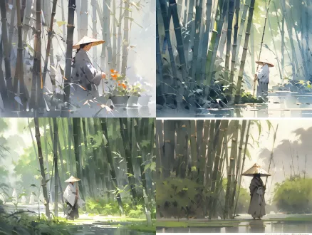 "戴传统锥形帽的人手持鱼竿站在竹林前，水彩画风格，淡雅背景，柔和光线，浅色调，自然光，微风吹拂，竹林摇曳，宁静氛围，写意笔触，留白艺术，细腻纹理，和谐构图，淡彩渲染，静谧情感。"