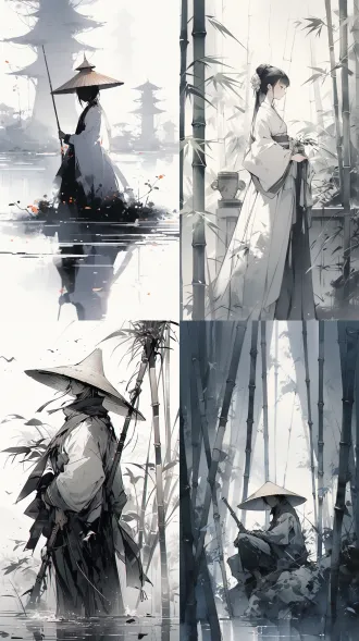 传统锥形帽，手持鱼竿，站立姿态，水墨风格，单一色彩背景，竹林边缘，简约构图，柔和线条，留白艺术，侧光照明，淡雅色调，沉思表情，传统服饰，宁静氛围，静态美，中国风，细腻笔触，低对比度，自然意境，悠远情感。