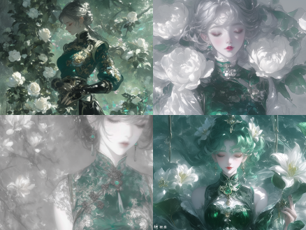 "女子身着金绣绿白传统旗袍，立于白花绿叶间，薄雾梦幻背景，柔焦镜头，浅景深，自然散射光，优雅端庄，细腻刺绣，清新色调，温柔微笑，古典氛围，飘逸裙摆，唯美构图，淡雅色彩，仙气缭绕，中国风元素，柔和阴影，高细节，宁静情感。"