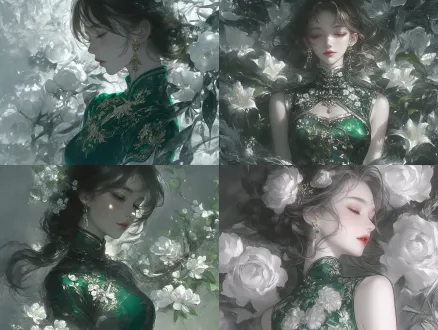 "身着绿白相间传统中式绣金旗袍的女子，白色花朵与绿叶环绕，薄雾朦胧的梦幻背景，柔焦效果，浅景深，自然光与逆光混合，优雅站姿，低饱和度色彩，细腻纹理，温婉微笑，淡雅妆容，古典与现代融合，诗意氛围"