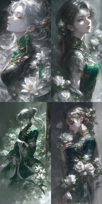 "女子身着绿白相间传统中式长裙，金色刺绣，优雅端庄，站立于白花绿叶环绕之中，雾霭朦胧背景，梦幻氛围，柔焦效果，浅景深，自然光，侧逆光，柔和色调，金色点缀，静谧表情，古典美感，细腻纹理，高分辨率，写真风格。"