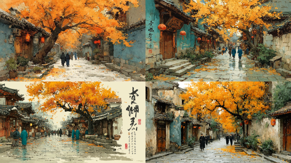 "秋日的古街，金黄落叶铺满石板路，油墨画风格，暖色调，复古质感，广角镜头，柔光，微风吹拂，落叶飞舞，行人悠闲漫步，市井生活，人物穿着传统服饰，微笑从容，细腻笔触，高饱和度，怀旧氛围，时间静止感。"