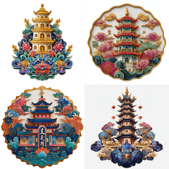 "滑县徽章，明福寺塔、道口古镇、万古玉皇阁元素，卡通风格，金属光泽，塞斯蒂娜风格，花卉图案，飘云，光泽金属色调，白色背景，正面视角，高对比度，写实，色彩鲜艳，细腻纹理，光线反射，立体感，引人注目，活泼，传统与现代融合"