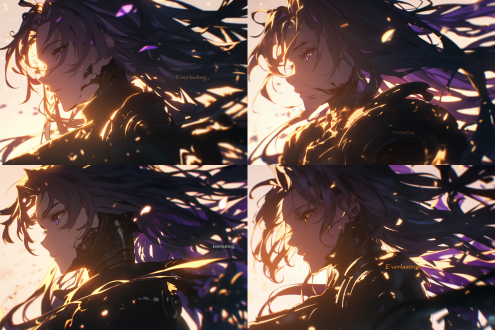 薇尔莉特侧立水墨卷轴中，青铜机械臂裂纹生紫罗兰，朱砂印章“無朽”，背景山水流动。墨迹洇散，花朵绽放，日晷投影。京阿尼柔焦溢光，水体金属发丝折射，微垂眸唇线紧抿。布料流体模拟，克制动态，暖冷色调碰撞，战争伤痕蜕变为永恒美，对角线构图，浅景深，8k细节，胶片颗粒感