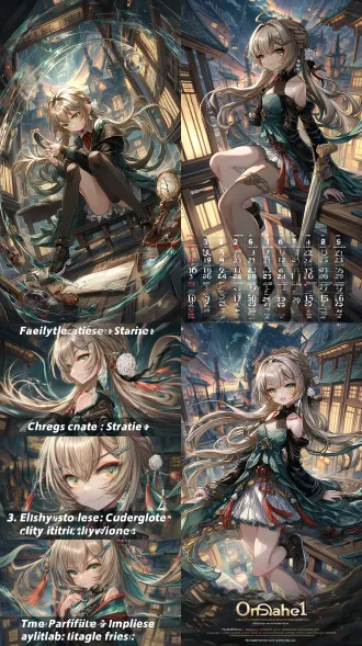 一、五官特征 • 眼睛：细长眼型，眼尾上扬（有东方古典凤眼韵味），虹膜色彩浓郁（红、金、青等），高光锐利，瞳仁细节丰富（类似宝石切割面），强化 “有神” 感； • 鼻子：线条纤细，鼻头小巧，偏向日式二次元简化风格，但保留轻微立体感； • 嘴巴：唇形窄而薄，嘴角线条锐利，多呈现 “抿唇” 或 “轻咬” 状态，强化冷冽 / 专注气质。 二、发型设计 • 轮廓：蓬松且有动态感，发丝分层清晰，多为中长发，发尾带自然卷曲或飘逸感； • 装饰：融入中式元素（如流苏耳饰、玉佩、发簪），颜色与服装呼应（蓝、金、红等），强化东方风格辨识度。 三、氛围与情感 • 背景：以暖金色为主色调，融入中式符号（符咒、金箔、传统建筑剪影），营造 “神秘东方仪式感”； • 情绪：面部表情克制，多为 “冷冽专注”“隐忍蓄力” 感，通过眼神（锐利高光）传递力量感，配合漂浮符咒、金片，强化 “身负使命 / 掌控神秘力量” 的气场。 四、风格标签 • 东方奇幻 + 日式二次元渲染，用厚涂光影强化立体感，色彩浓郁但层次细腻，既保留传统元素，又符合现代二次元审美，核心是 “将东方神秘主义与战斗感结合” 的视觉语言