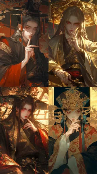 中国古代风格男性，长发，明代宫廷装扮，红眼影，头戴官帽，狐狸眼，眸中野心，食指搭下巴，中国美学风格，衣着华贵，高位与野心，比例9：16，对称构图，宫廷背景，雕花屏风，金色与深红主色调，柔光，中焦镜头，细腻纹理，威严表情，丝绸质感，古典奢华。
