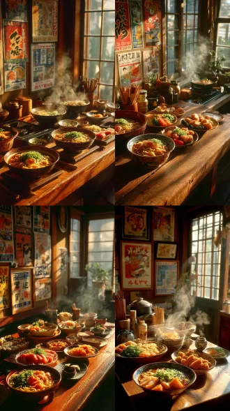 1985年日本神奈川昭和末期，日式厨房木质餐桌摆满拉面、生鱼片、寿司，蒸汽升腾，暖黄灯光，木质餐具，复古海报，pov视角，胶片质感，柔焦，浅景深，怀旧色调，温馨氛围，家庭聚餐，昭和风情，高饱和度，侧光，细节丰富，诱人美食，温暖情感。