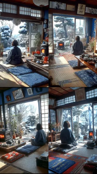 1990s nostalgic japanese tatami room, winter, cold blue light through shoji screens, a woman in a dark kimono (back view) sitting on a cushion, a low wooden table with a tea set, a sliding screen half open showing a snowy garden, a small heater glowing, 90s anime aesthetic, soft painterly texture, cool blue and warm amber tones,
