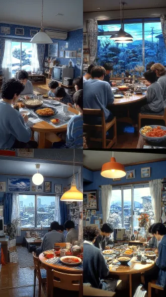 1990s nostalgic japanese family dining table, winter evening, cold blue light through a window, a family (backs and sides) sitting around a round wooden table, a bowl of hot udon, a plate of pickles, a cup of tea, warm light from a pendant lamp, 90s anime aesthetic, soft painterly texture, cool blue and warm amber tones,