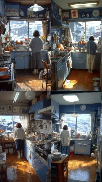 1990s nostalgic japanese family kitchen, winter, cold blue light through a window, a woman in a warm sweater (back view) standing at the sink, washing dishes, a stack of plates on the drainboard, a window with a view of snow, long fluorescent lamp, warm wooden floor, 90s anime aesthetic, soft painterly texture, cool blue and warm amber tones,