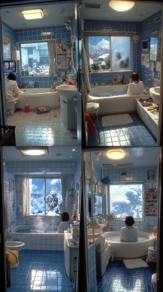 1990s nostalgic japanese family bathroom, winter, cold blue light through a frosted window, a woman (side view) sitting in a deep bathtub, steam rising, a small window with snow outside, a towel on the rack, warm white tiles, 90s anime aesthetic, soft painterly texture, cool blue and warm amber tones,