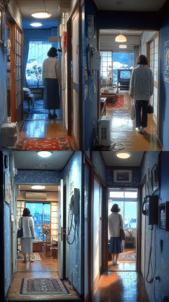 1990s nostalgic japanese family corridor, winter, cold blue light through a window at the end, a woman in a warm sweater (side view) standing by a wall-mounted phone, a long cord, a shoji screen half open, warm light from a room, 90s anime aesthetic, soft painterly texture, cool blue and warm amber tones,