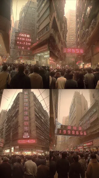 1988 guangdong, a street in guangzhou, a crowd of people (backs) walking, a large stock ticker display on a building, the numbers are all green, the mood is electric and chaotic, no faces, shot on kodak gold 200, heavy grain, warm amber and cool blue,