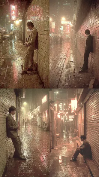 1988 guangdong, a street at night, a man in a suit (side view) leaning against a wall, a bottle in his hand, the street is wet and reflective, no face, shot on kodak gold 200, heavy grain, warm amber and cool blue,