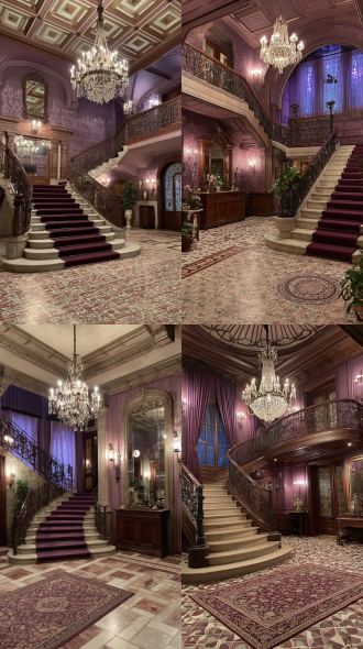 pov first person view standing in a grand foyer, 1920s european mansion, marble floor, a wide staircase with a wrought-iron railing, a crystal chandelier dimly lit, a large mirror, the light is warm and dim, the reflection in the mirror seems slightly delayed, no people, shot on 35mm film, soft grain, warm amber and cool blue,