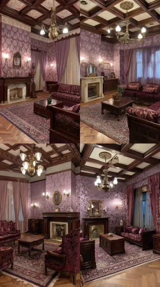 pov first person view standing in a 1920s european mansion reception room, lilac purple damask floral wallpaper, dark walnut coffered grid ceiling, ornate plaster medallion, antique brass chandelier with three arms, carved marble fireplace with a small mirror on top, brass double-head wall lamps, dark wood rattan furniture with burgundy floral brocade, a large persian carpet with purple base and paisley pattern, herringbone parquet floor, layered curtains, soft warm indoor light, cool blue dusk light through the windows, wide-angle, no people, shot on 35mm film, soft grain, warm amber and lilac,