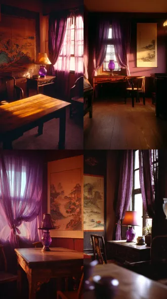 pov first person view standing in a small 1920s chinese living room, a wooden table with a purple glass lamp, a few chairs, a chinese landscape scroll on the wall, a window with purple curtains, the room is small but warm, the light is purple, shot on 35mm film, soft grain, deep purple and warm amber,