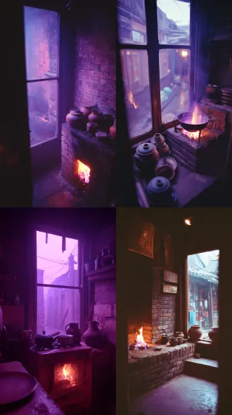 pov first person view standing in a 1920s chinese kitchen, a brick stove with a purple flame, a few clay pots, a window showing a narrow alley, the light is purple and warm, the room is small and hazy, shot on 35mm film, soft grain, deep purple and warm amber,