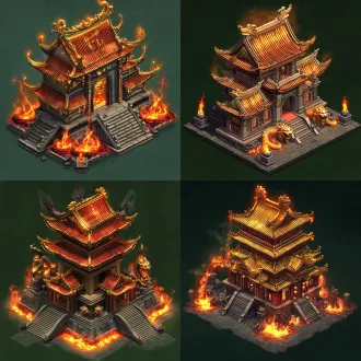 中式slg游戏建筑，东方冥府宫殿，古代中国皇家宫阙，重檐歇山顶，黑曜石瓦片，鎏金飞檐，朱红宫门，青铜浮雕，巨型石狮与鬼神镇守，建筑底座环绕赤红色熔岩与幽冥火焰，一条巨大的金色东方神龙盘绕宫殿屋顶与建筑主体，龙身蜿蜒穿过飞檐，龙首高昂，龙须飘动，金色龙鳞精致清晰，龙身散发神圣金色光芒，地面有古老的中式镇魂符文阵法，四角幽冥火炬，神秘庄严，华丽精致，q版写实风格，手游slg建筑图标，等距视角，3d游戏资产，清晰轮廓，细节丰富，纯色青绿色背景，单体建筑，完整展示，无人物，无文字。