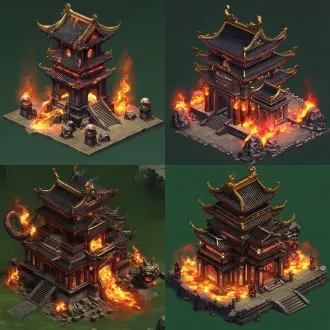中式slg游戏建筑，九幽地府，阎罗炼狱魔宫，中国古代冥界皇宫风格，黑铁与暗金色宫殿结构，层叠式中式屋顶，狰狞鬼神面具浮雕，巨型青铜鬼门，獠牙石像守卫，建筑基座被赤红熔岩沟壑环绕，熔岩裂缝发出炽热橙红色光芒，一条巨大凶猛的东方黑金神龙盘绕整个宫殿，龙身环绕屋顶与立柱，龙尾缠绕建筑基座，龙首从屋檐后探出，龙角锋利，暗金龙鳞，猩红色龙眼，龙口喷吐幽冥烈焰，黑烟与火星环绕，地面布满古老的地府符文，阴森威严，神秘压迫感，精致的q版暗黑奇幻风格，3d手游slg建筑资产，等距视角，体块清晰，轮廓紧凑，材质精细，纯色青绿色背景，单体建筑，完整展示，无人物，无文字。