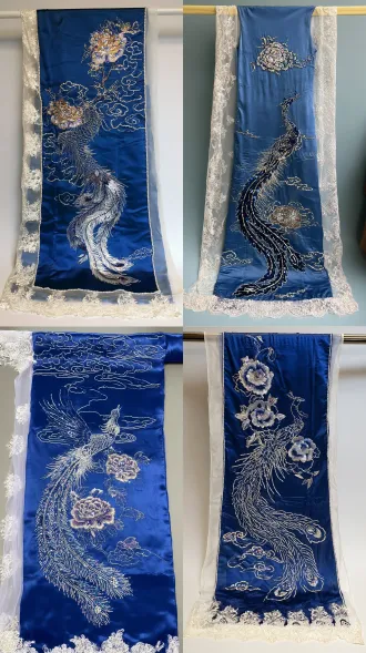 1. 底布替换：蓝色面料改白纱 / 蕾丝透叠 不建议把蓝色刺绣底布全部挖空，容易伤线、伤绣面。 更稳的做法是： • 在蓝色面料局部叠加白色透明纱 在凤凰纹样之外的区域做蕾丝拼接 保留凤凰、牡丹、云纹的完整轮廓 让蓝色底布与白纱/蕾丝形成半透叠层 适合手法： • 异料拼接 • 叠层假两件 • 镂空贴纱 • 蕾丝贴布 • 局部透叠 效果方向： 原来的蓝色凤凰会从“平面刺绣”变成“有层次的礼服面料”。 2. 凤凰主图加强：流苏、珠子、亮片 建议只在凤凰周围加，不要铺满整个画面。 推荐位置： • 凤凰尾羽边缘：加细珠链、小亮片、短流苏 • 凤凰身体轮廓线：加透明鱼线串珠，勾出凤凰形态 • 牡丹花瓣边缘：加少量珍珠或幻彩亮片 • 云纹线条旁：加细链或珠绣，形成流动感 • 主纹样外圈：做一圈轻薄的珠饰边界，像“刺绣光环” 适合手法： • 珠绣 • 钉珍珠 • 亮片绣 • 流苏装饰 • 盘金绣/金线强化 • 附加装饰 注意： 凤凰本身已经很精细，新加装饰要“沿纹路线条走”，不要盖住原绣线。