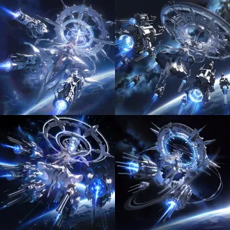 a graceful sci-fi young woman flying weightlessly through deep space, elegant and ethereal, wearing a sleek futuristic dress with subtle metallic details, long flowing hair drifting in zero gravity. surrounding her are enormous floating remote weapon pods / funnel cannons orbiting slowly, intricate mechanical design, glowing blue energy cores. above her head hovers a massive mechanical halo, ornate circular tech structure with luminous rings and segmented armor. cosmic background with nebula, stars, distant planet arc, cinematic composition, dynamic yet elegant pose, contrast between delicate beauty and giant weaponry, volumetric lighting, lens flare, ultra-detailed mechanical design, sci-fi concept art,