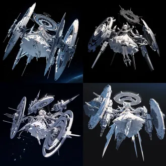a sci-fi girl flying in space, elegant and ethereal, wearing a white futuristic dress, long flowing hair. surrounding her are enormous floating remote weapon pods and shields, intricate mechanical design, above her head hovers a huge mechanical halo,