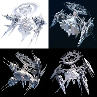 a sci-fi girl flying in space, elegant and ethereal, wearing a white futuristic dress, long flowing hair. surrounding her are enormous floating remote weapon pods, intricate mechanical design, above her head hovers a huge mechanical halo,