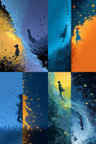 conceptual art, a character split into two halves: the left side in bright daylight chasing butterflies, the right side in soft moonlight dancing with its own shadow. the dividing line is a flowing, starry milky way that also forms the gemini symbol. 2d animation style, bold color contrast, magical and philosophical, vertical layout for phone wallpaper.